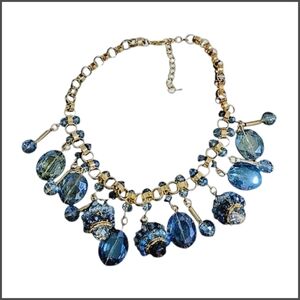 Gold Tone Statement Necklace with Blue Faceted Beads & Drop Accents